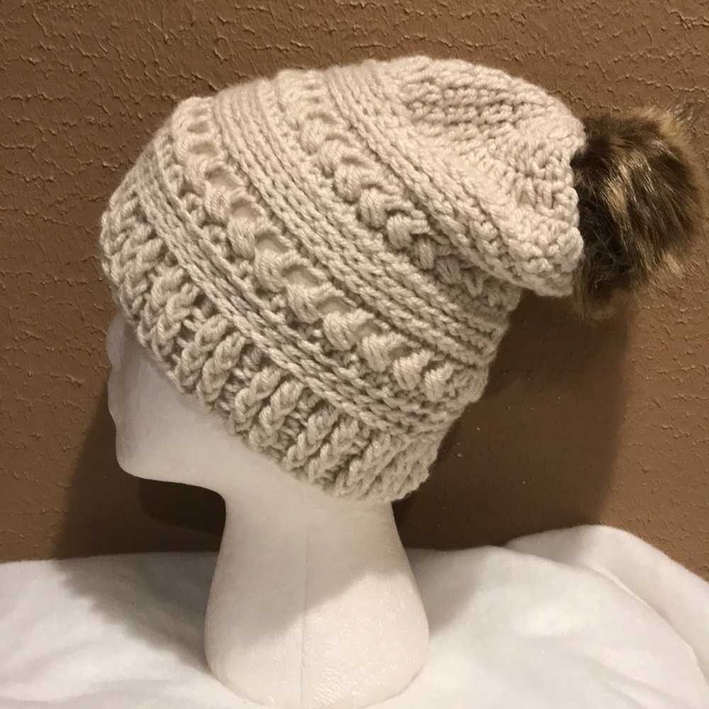 Hand Crocheted Slouchy Hat/Fur Pom Pom